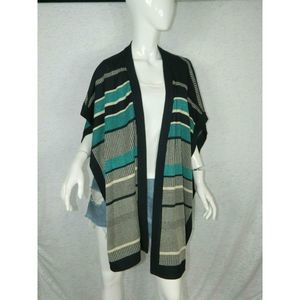 Ming Wang Poncho Sweater navy base color with stripes.  One Size